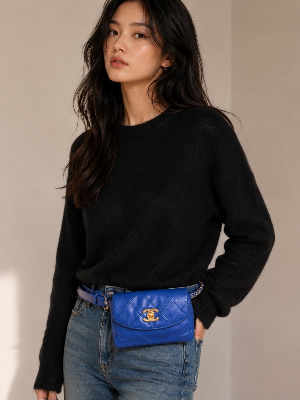 Authentic CHANEL vintage blue lambskin mini belt bum bum bag waist 75cm